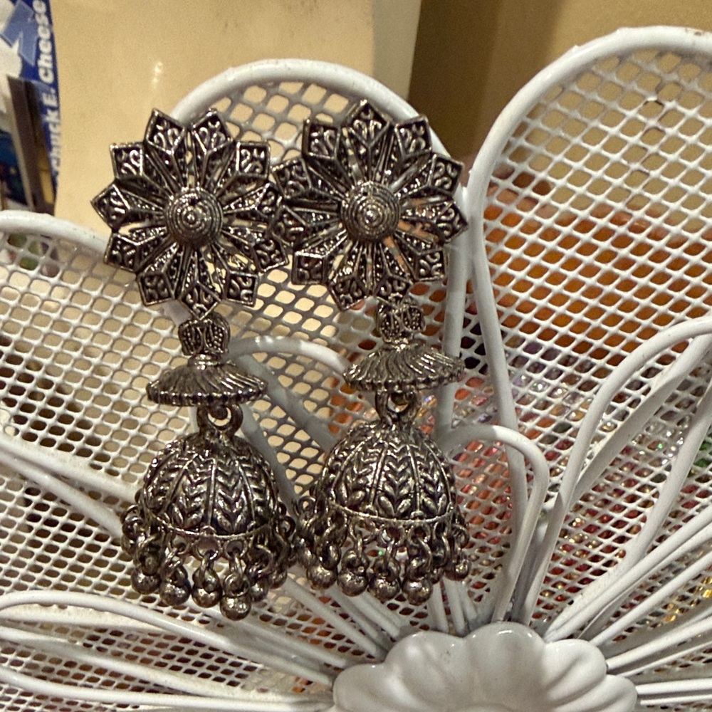 Elegant Silver Floral Jhumka Earrings